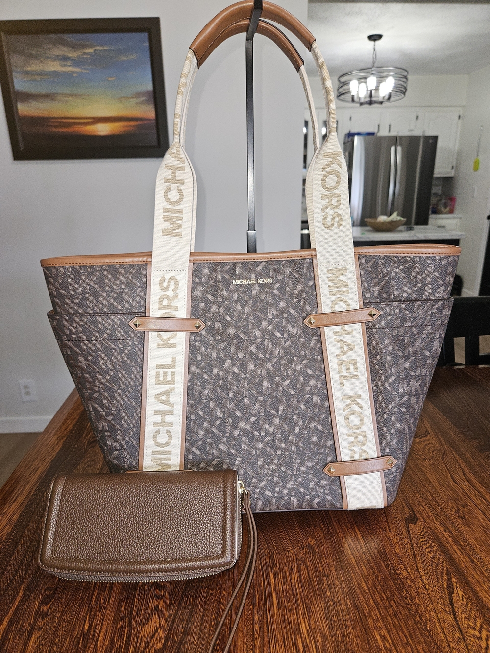 Michael Kors Brown MK Logo Tote with Cream Branded Straps